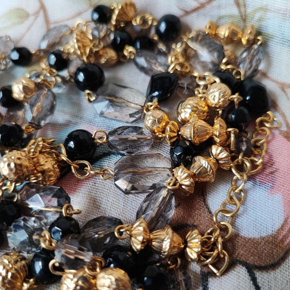 Joan Rivers Signed Extra Long Gold Tone Black Smoke Necklace Acrylic and Glass - Picture 5 of 9